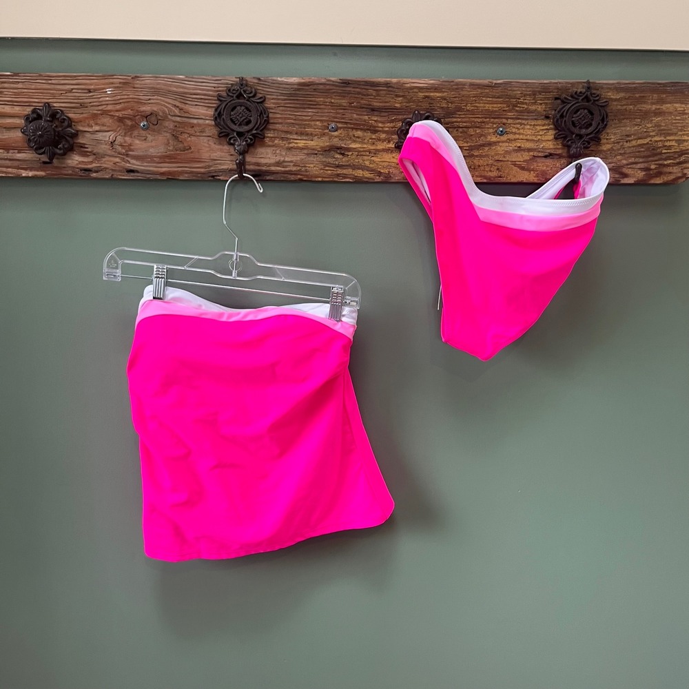 Beachsissi Neon Pink Colorblock Bandeau Bikini Set High Leg Swimsuit Medium‎ NEW